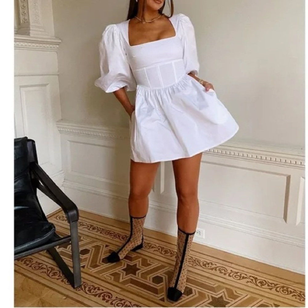 Womens White Zippered Pouf Square Neck Micro Mini Party Fit + Flare Dress